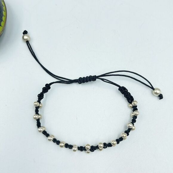 Braided Bracelet Black With Silver Beads and Sliding Closure - Picture 5 of 9